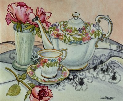 Teatime with Roses and a Cutwork Cloth by Unbekannt Unbekannt